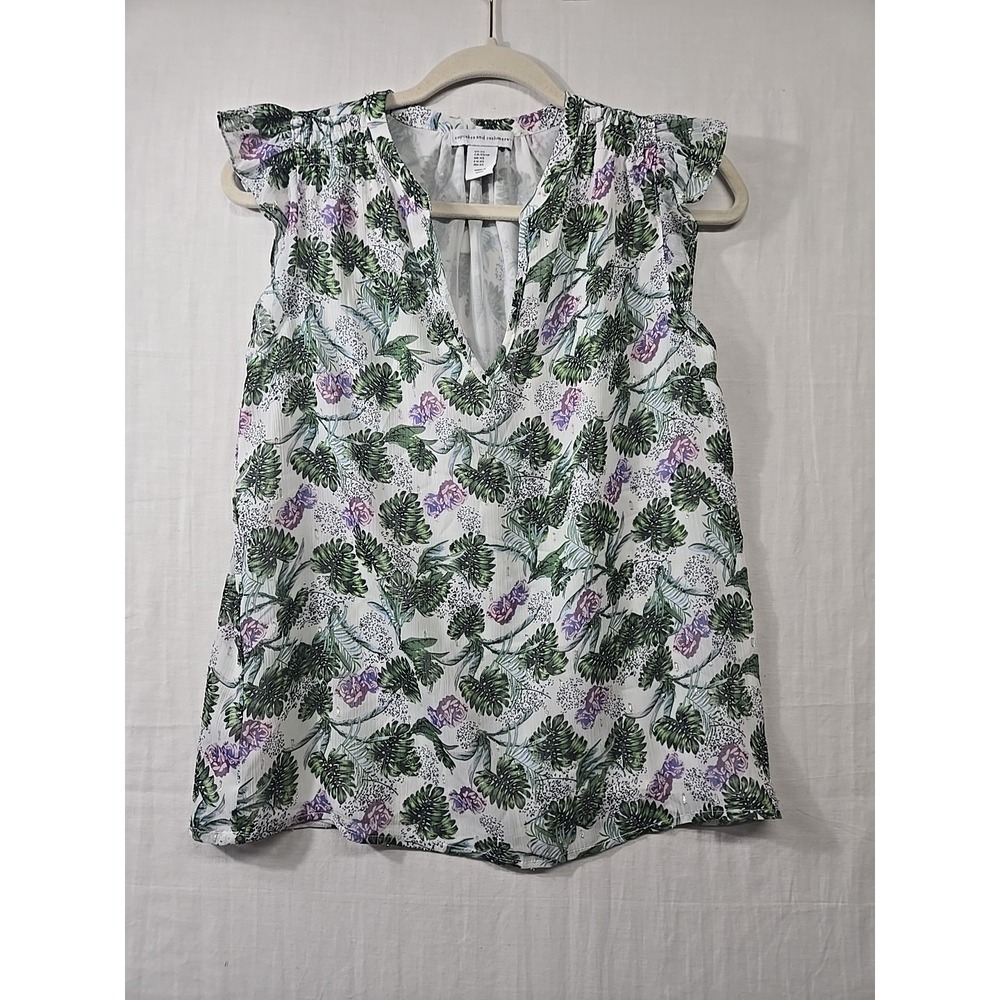 Cupcakes And Cashmere Women's Blouse XS Ruffle Flutter Cap Sleeve Sheer‎ Lined